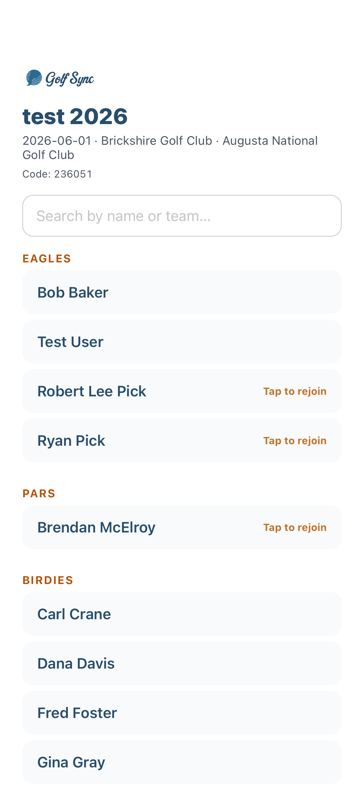 GolfSync app — tournament roster grouped by team; tap your name to join