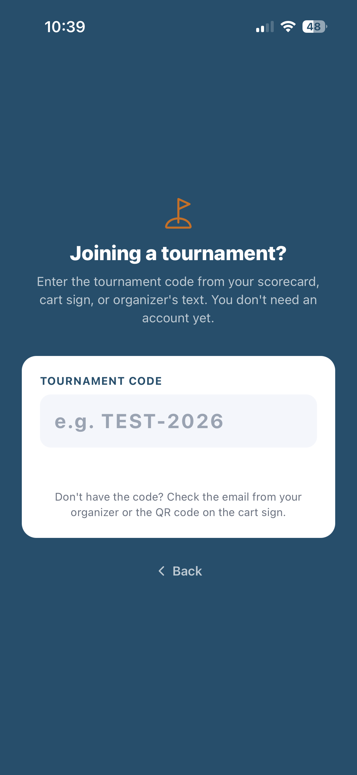 GolfSync mobile app — Joining a tournament? tournament-code entry screen