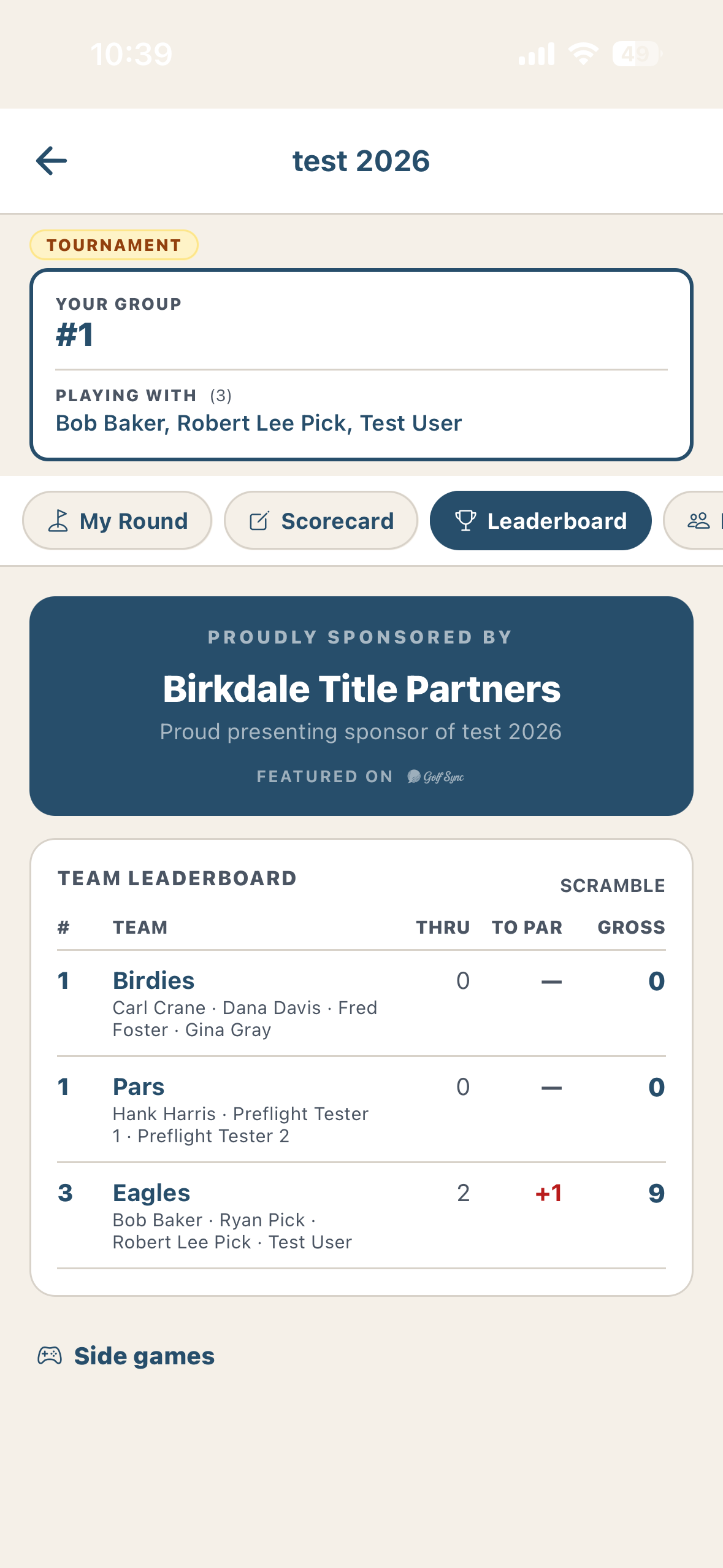 GolfSync mobile app — live team leaderboard shown relative to par