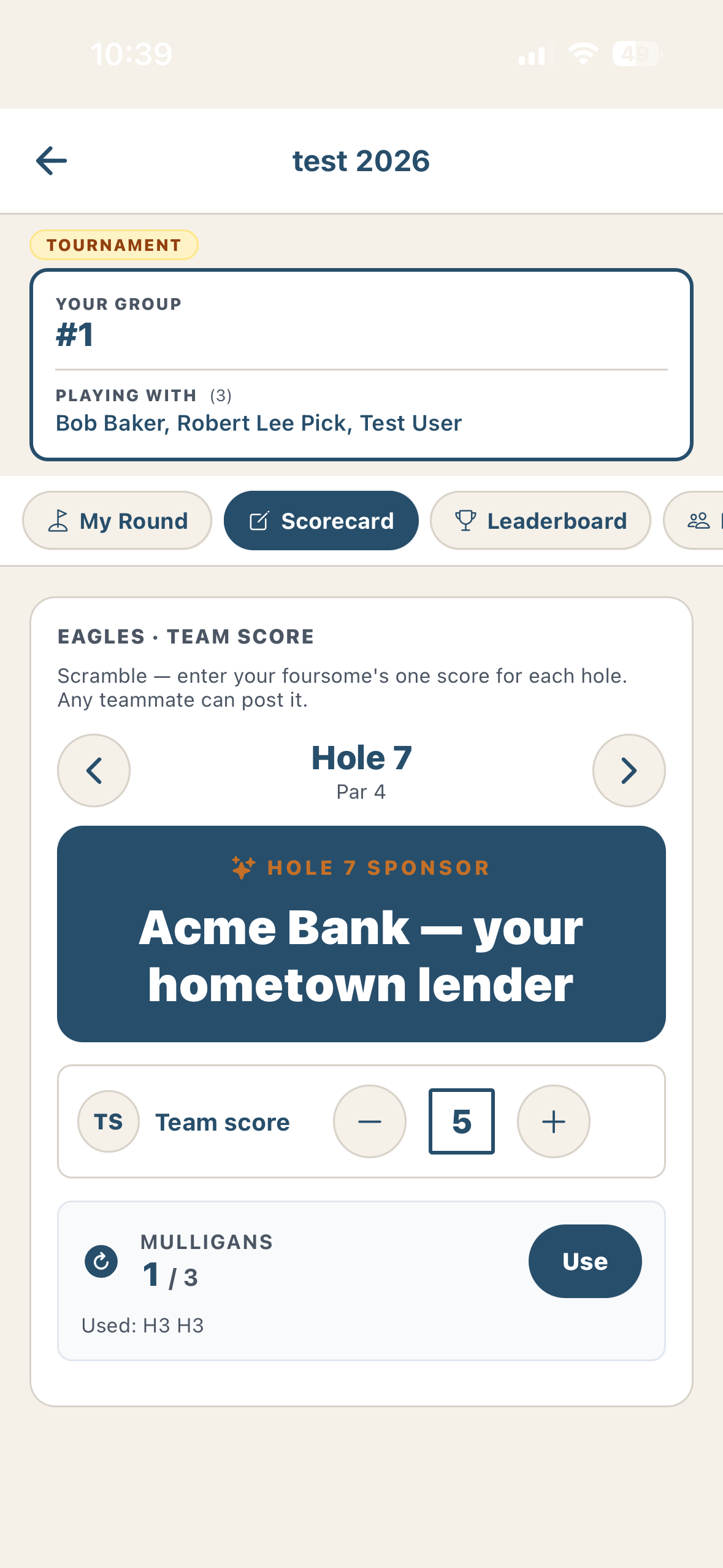 GolfSync mobile app — team scramble scorecard with the mulligan pill