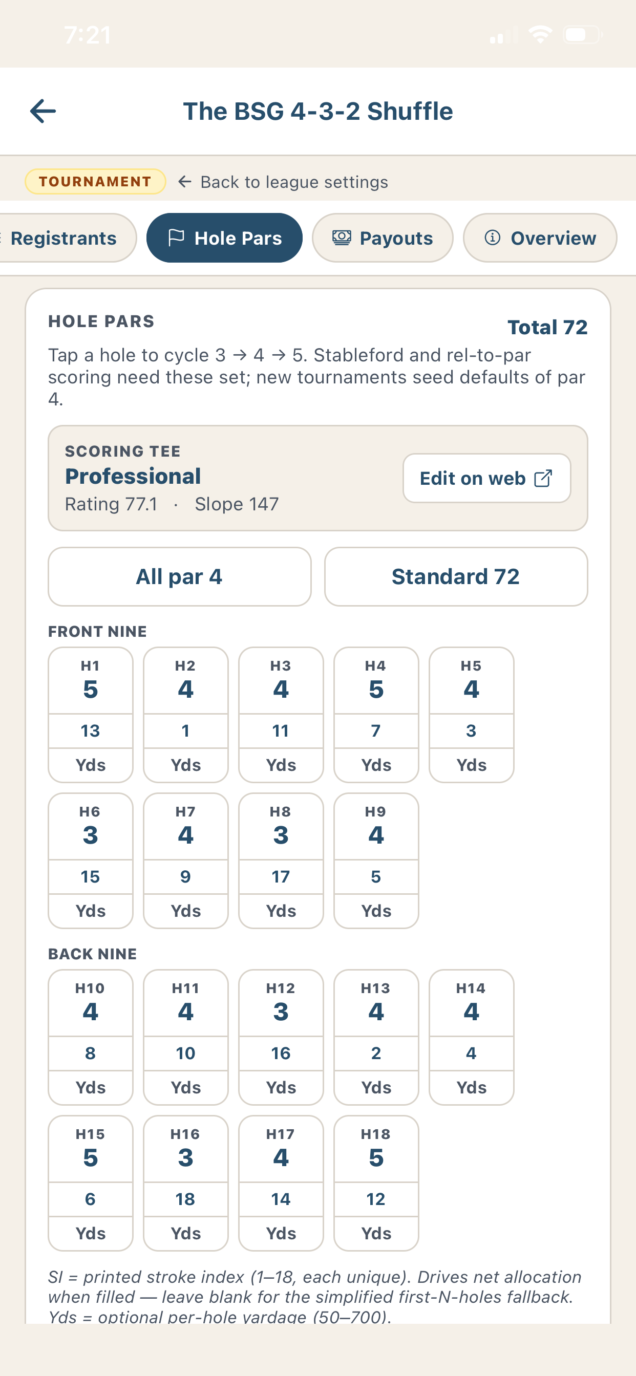 Hole pars editor on mobile — front and back nine with pars and stroke index
