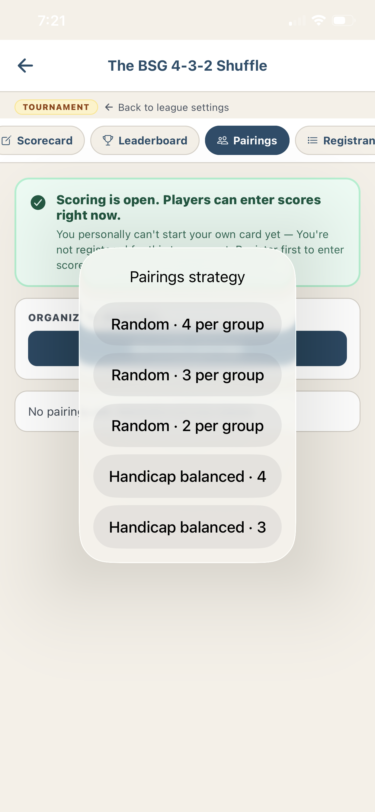 Pairings strategy picker — random or handicap-balanced groups