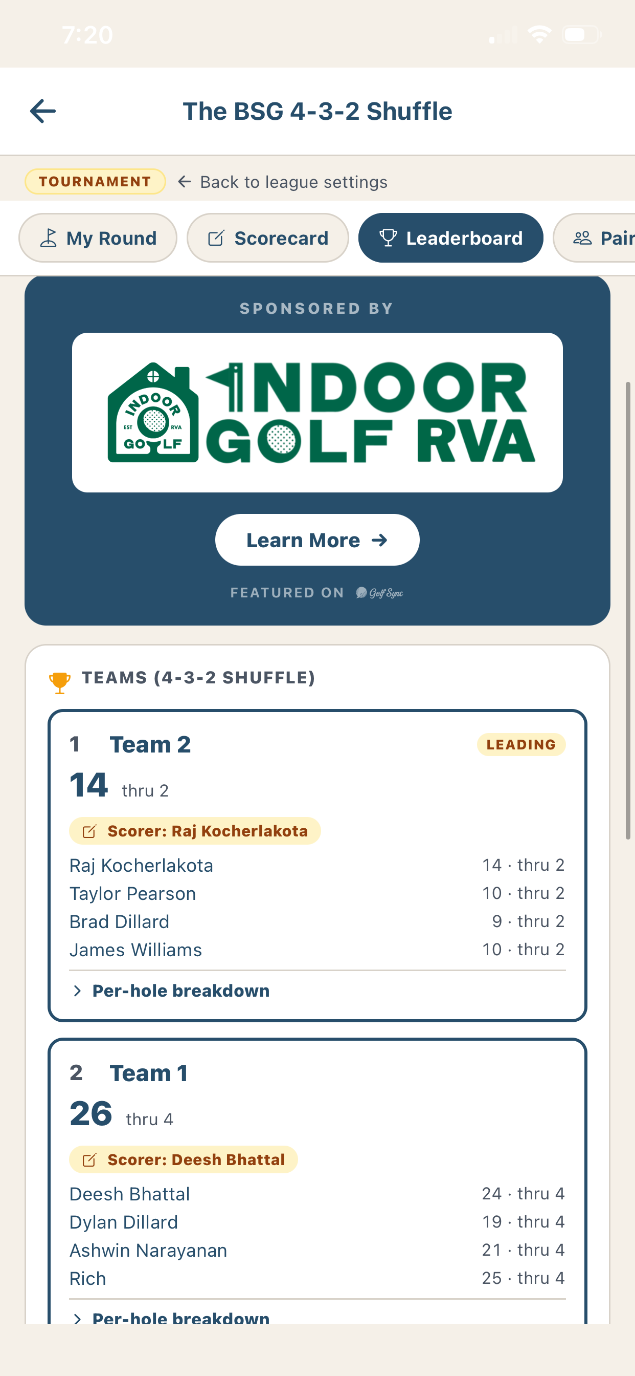 A live tournament leaderboard on mobile — team standings, live scoring, course-branded sponsor card